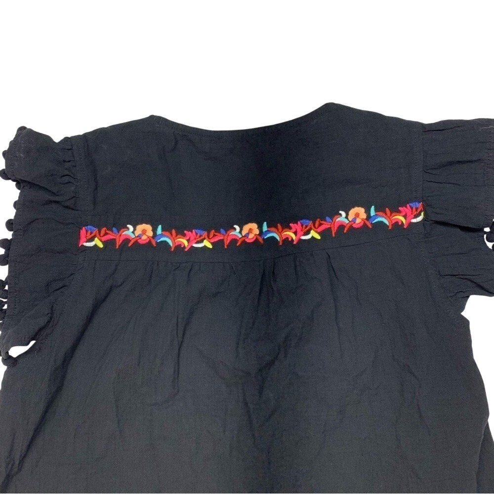 Kirundo‎ Embroidered Boho Dress Womens Small Black Pom Pom Flutter Sleeve Ruffle - Picture 8 of 9